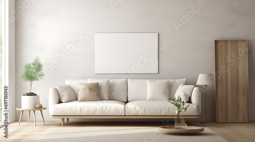 Scandinavian minimalism A white modern sofa in a room with neutral tones