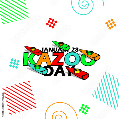 National Kazoo Day event banner. Colorful bold text with some colorful kazoo tools with elements and bold text on white background to celebrate January 28th