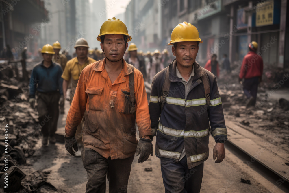 A group of construction workers in safety jackets and hats are walking A group of construction workers in safety jackets and hats are walking