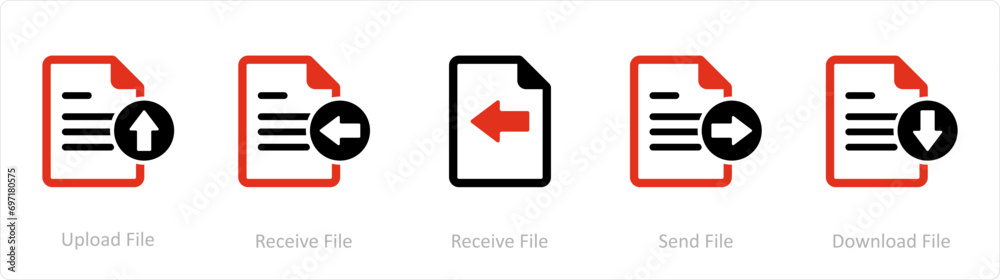 A set of 5 Document icons as upload file, receive file, send file A set of 5 Document icons as upload file, receive file, send file