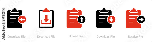 A set of 5 Document icons as download file, upload file, receive file