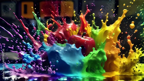 An image of a large blob of exploding rainbow paint with an apple emerging.

