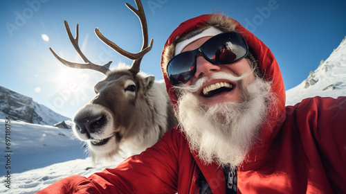  Sunglasses, Santa Claus, and Rudolph the reindeer are capturing a joyful moment in the Alps, enjoying themselves with big smiles, laughter, and even the reindeer sporting a happy expression
