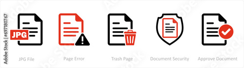 A set of 5 Document icons as jpg file, page error, trash page  photo