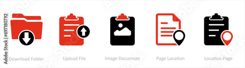 A set of 5 Document icons as download folder, upload file, image document