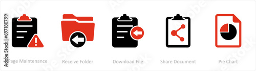 A set of 5 Document icons as page maintenance, receive folder, download file