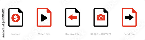 A set of 5 Document icons as invoice, video file, receive file