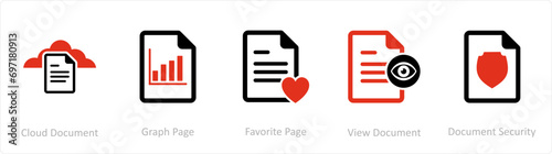 A set of 5 Document icons as cloud document, graph page, favorite page