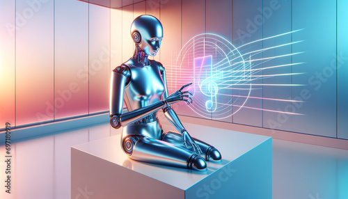 Serene AI Musician in Minimalist Interior with Holographic Interface photo