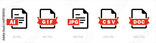A set of 5 Document icons as ai file, gif file, jpg file photo