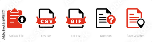 A set of 5 Document icons as upload file, csv file, gif file