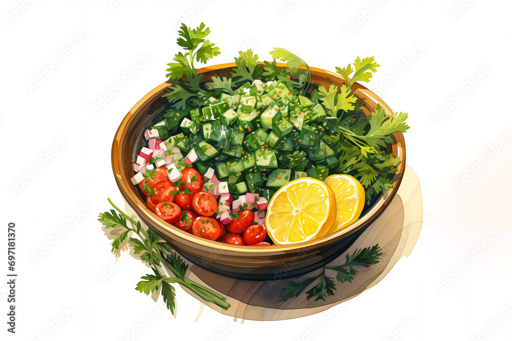 watercolor vegetable salad with tomato, cucumber, onion and Parsley