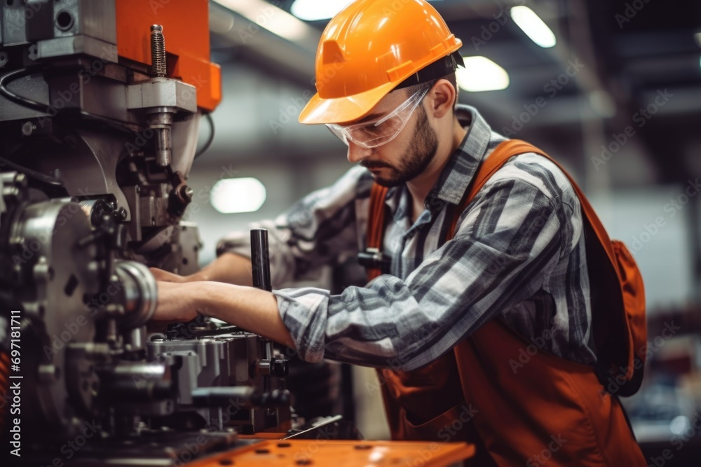 Professional mechanics inspect production machines in a factory Professional mechanics inspect production machines in a factory