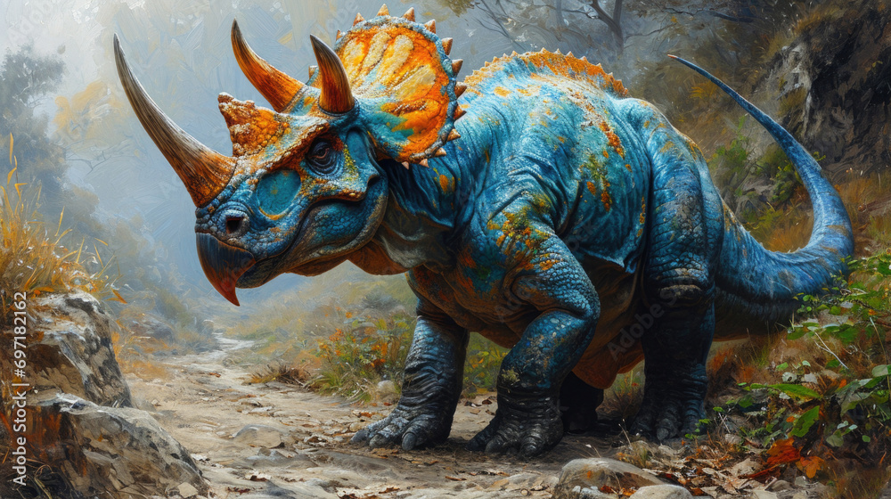 Naklejka premium Triceratops Dinosaur in a whimsical and colorful style. In natural habitat. Jurassic Park.