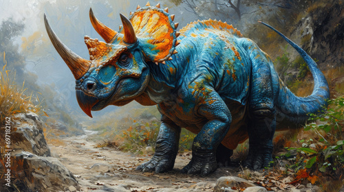 Triceratops Dinosaur in a whimsical and colorful style. In natural habitat. Jurassic Park. © Татьяна Креминская