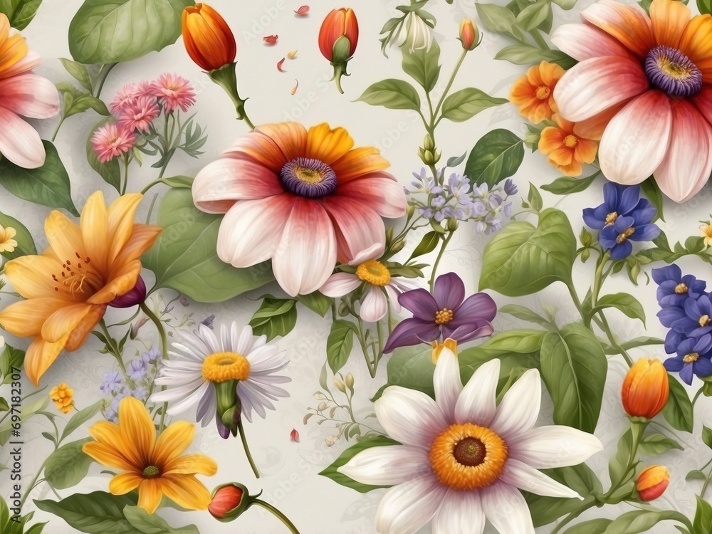 Illustration of delicate fresh flowers with gentle petals blooming in garden 2 Illustration of delicate fresh flowers with gentle petals blooming in garden 2
