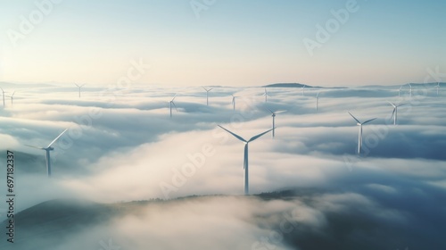 Wind turbines in fog seen from the air