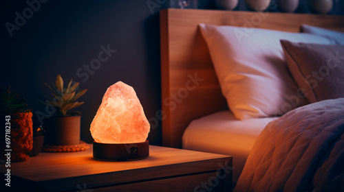 Himalayan pink salt lamp on bedside table glows
