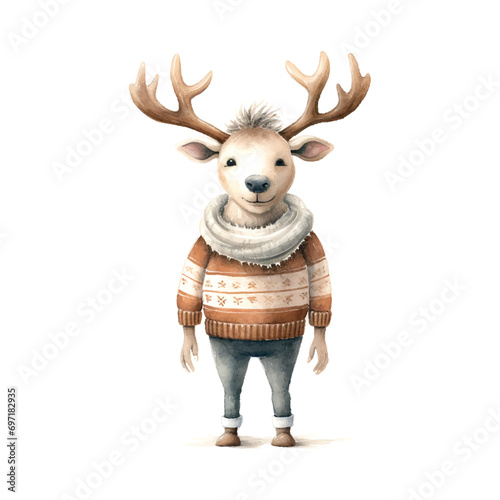 cartoon Caribou with antlers , on a white background , sweaters and boots, in the style of soft watercolor