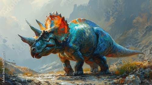Triceratops Dinosaur in a whimsical and colorful style. In natural habitat. Jurassic Park. photo
