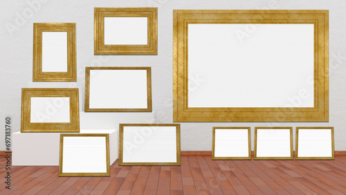 Cornici, quadri vuoti in mostra su muro bianco. Dieci cornici con spazio vuoto per inserimento di testo o immagini. Cornici in oro, dorate photo