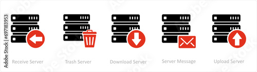 A set of 5 Internet icons as receive server, trash server, download server