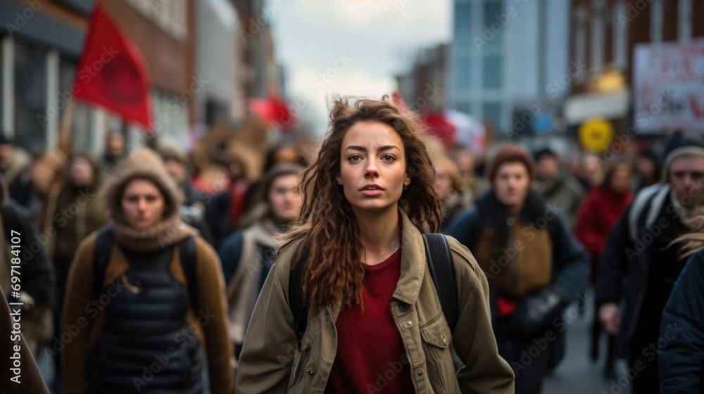 Woman marching in protest with a group of people