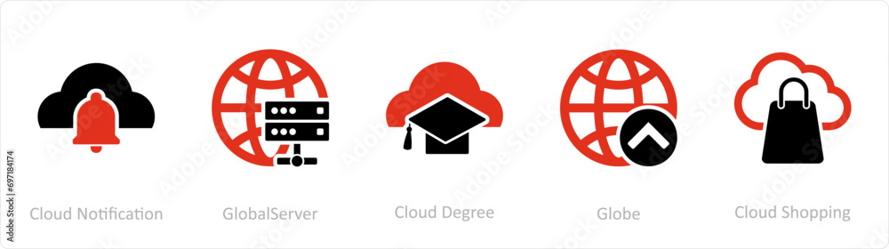 A set of 5 Internet icons as cloud notification, global server, cloud degree A set of 5 Internet icons as cloud notification, global server, cloud degree
