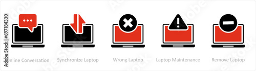 A set of 5 Internet icons as oline conversation, synchronize laptop, wrong laptop photo