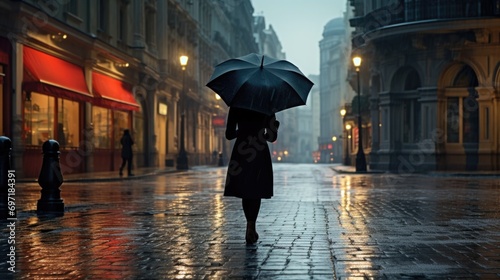 Woman with an umbrella walking on an empty city street during rain