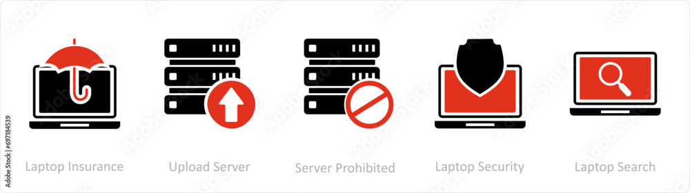 A set of 5 Internet icons as laptop insurance, upload server, server prohibited A set of 5 Internet icons as laptop insurance, upload server, server prohibited