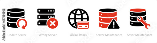 A set of 5 Internet icons as update server, wrong server, global image