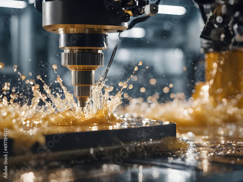 The image shows a CNC machine center drilling a metallic workpiece. The workpiece is being machined by the CNC machine with a drill bit. Coolant is being sprayed onto the workpiece through a nozzle to photo
