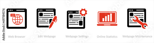 A set of 5 Internet icons as web browser, edit webpage, webpage settings