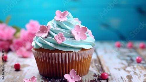 Cupcake with blue wooden background and pink flowers