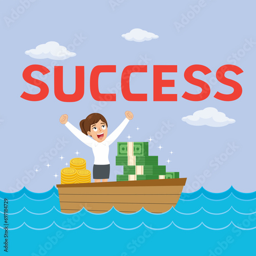 Businesswoman in a boat to success mission. illustration vector cartoon.