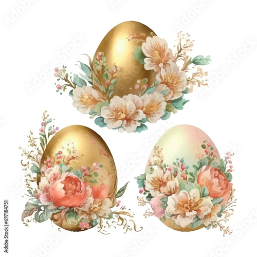 golden easter eggs with flowers vintage style watercolor on white background