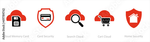 A set of 5 Internet icons as cloud memory card, card security, search cloud