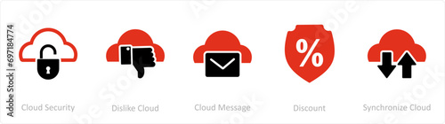 A set of 5 Internet icons as cloud security, dislike cloud, cloud message