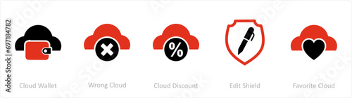 A set of 5 Internet icons as cloud wallet, wrong cloud, cloud discount