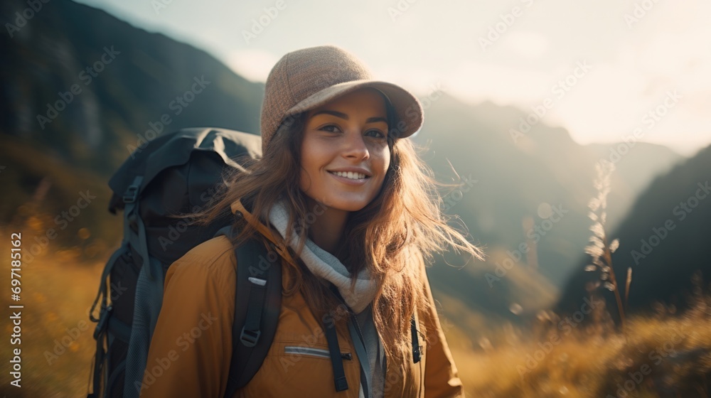 Young female tourist hiking on a path at mountain