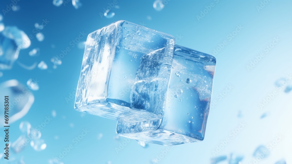 Falling ice cube on a blue background. Frozen water closeup. Falling ice cube on a blue background. Frozen water closeup.
