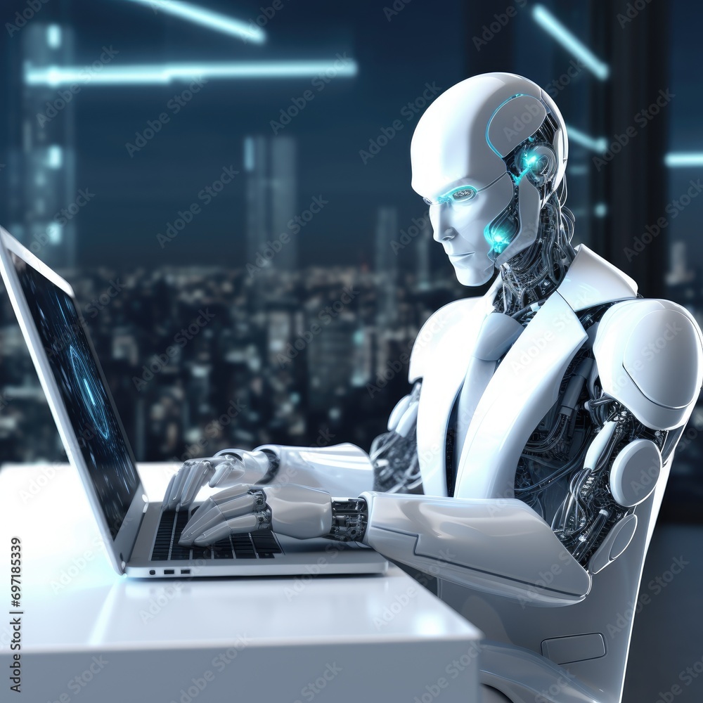 Photo robot humanoid use laptop and sit at table