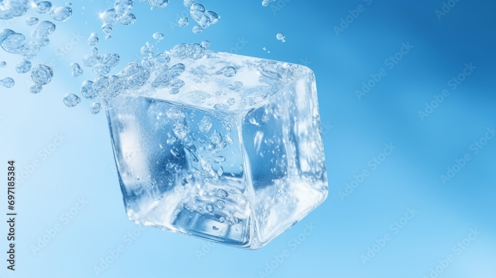 Falling ice cube on a blue background. Frozen water closeup. Falling ice cube on a blue background. Frozen water closeup.