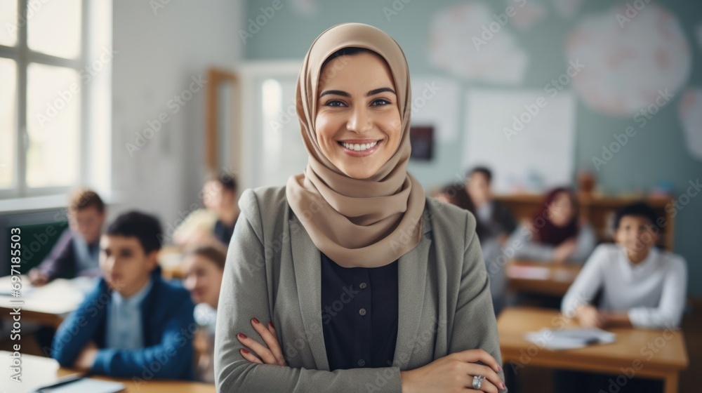 Obraz premium Young muslim female teacher in a classroom