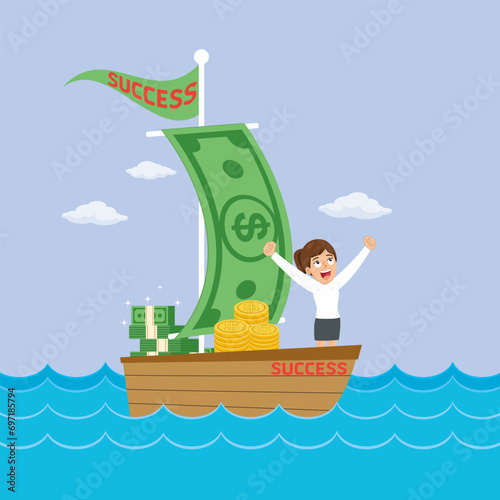 Businesswoman in a boat using money banknote as sail to success mission. illustration vector cartoon.
