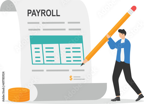 Freelancer filling invoice, distance job payroll, money transfer online, remote work payment, get salary on bank account concept.

