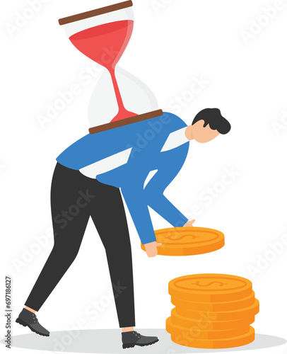 Time to money, Evaluating time investment versus earnings. Businessman balancing time clock and dollar on scales.

