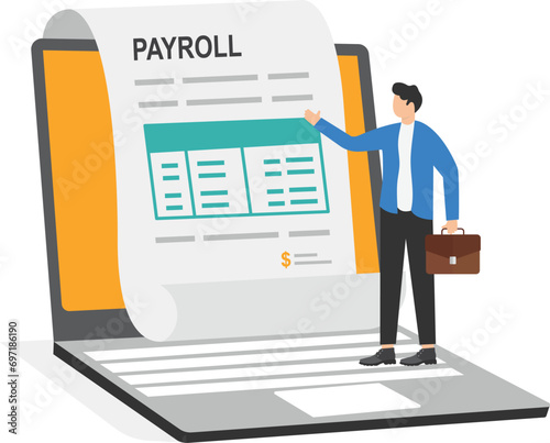 Freelancer filling invoice, distance job payroll, money transfer online, remote work payment, get salary on bank account concept. Colored flat vector illustration isolated.

 photo