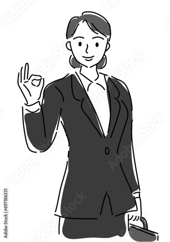 OKサインの就活中のスーツの女性シンプル線画